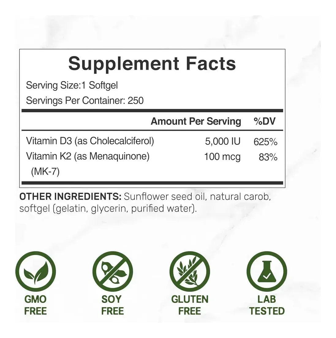 Supplement Vitamina D3 5000 Iu + K2 100 Mcg 250 Cápsulas