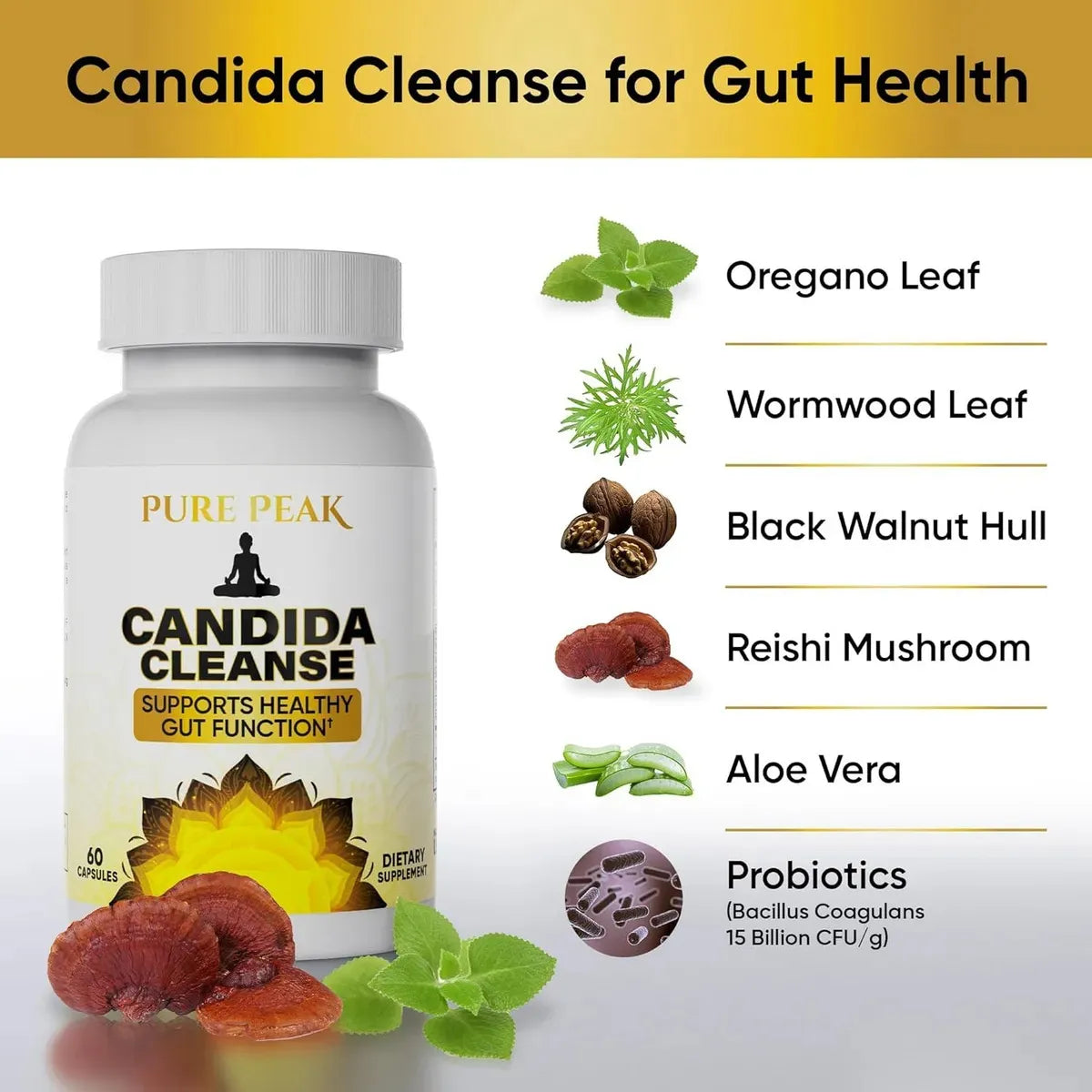 Pure Peak Candida Cleanse - Gut & Colon Support 60 Cápsulas