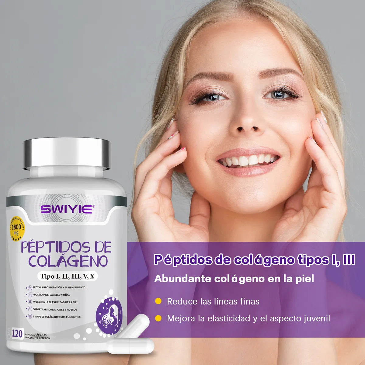 Péptidos De Colágeno Swiyie 5 Tipos 120 Cápsulas 1800mg
