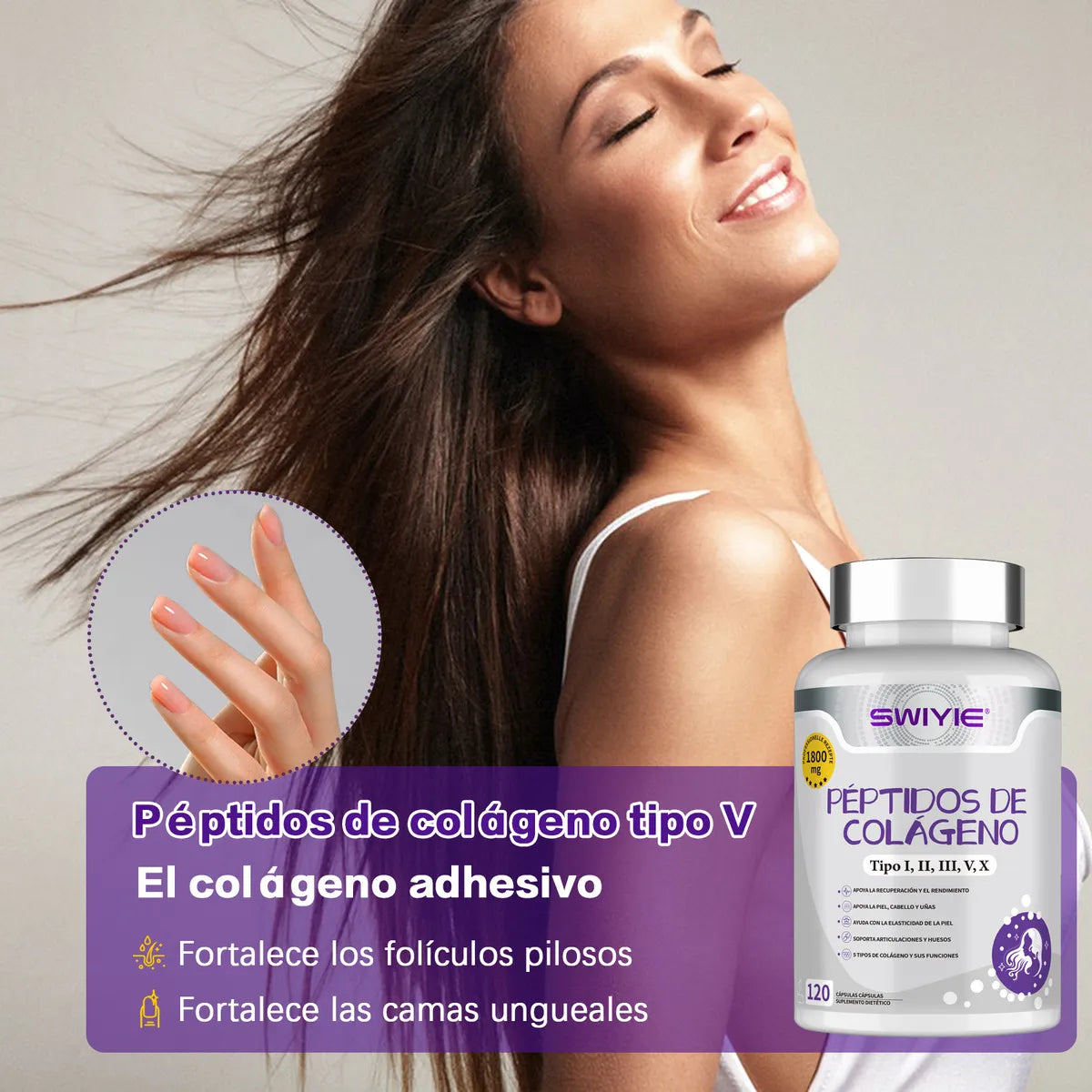 Péptidos De Colágeno Swiyie 5 Tipos 120 Cápsulas 1800mg